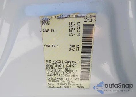 2017 Nissan Altima 2.5 S z USA, uszkodzony, nr VIN 1N4AL3AP6HN317522